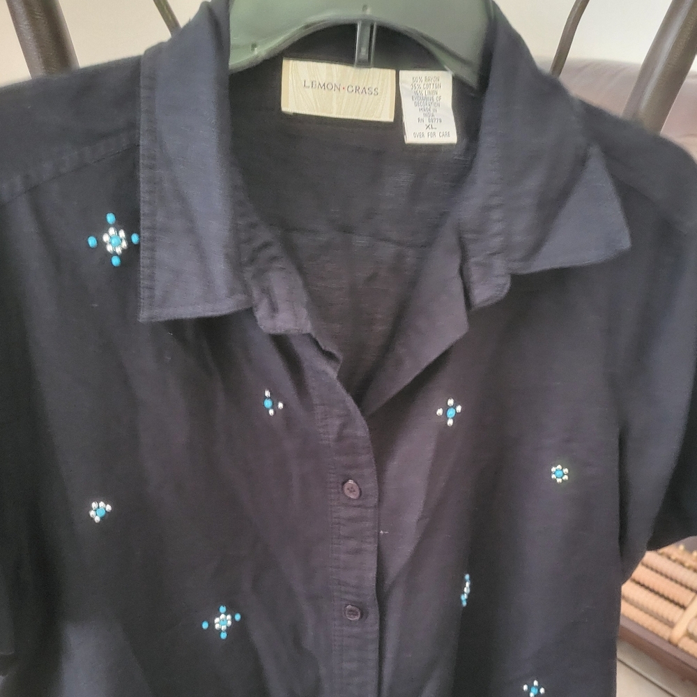 Vintage 90's Black Linen Blend Button Down Shirt LEMON GRASS Turquoise S…